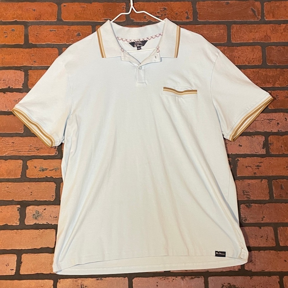 Ben Sherman Men's L‎ Blue Polo Shirt Short Sleeve Brown Trim Mod Cotton Stretch